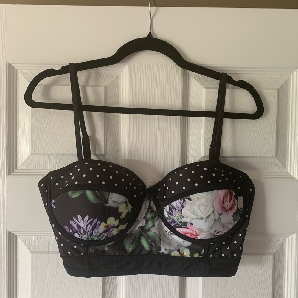 Modcloth Black Floral and Polka Dot Bikini Top